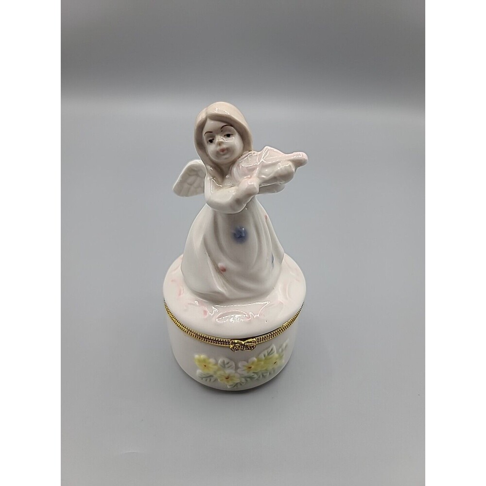 Angel Trinket Pill Box Hinged Porcelain Playing Violin Vintage